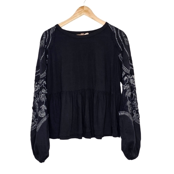 Free People Tops - Free People sheer lace embroidered puff sleeve peplum top small